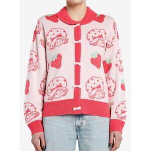 Strawberry Shortcake Bow Cardigan Sweater M Pink Collared Knit Relaxed 90s 80s
